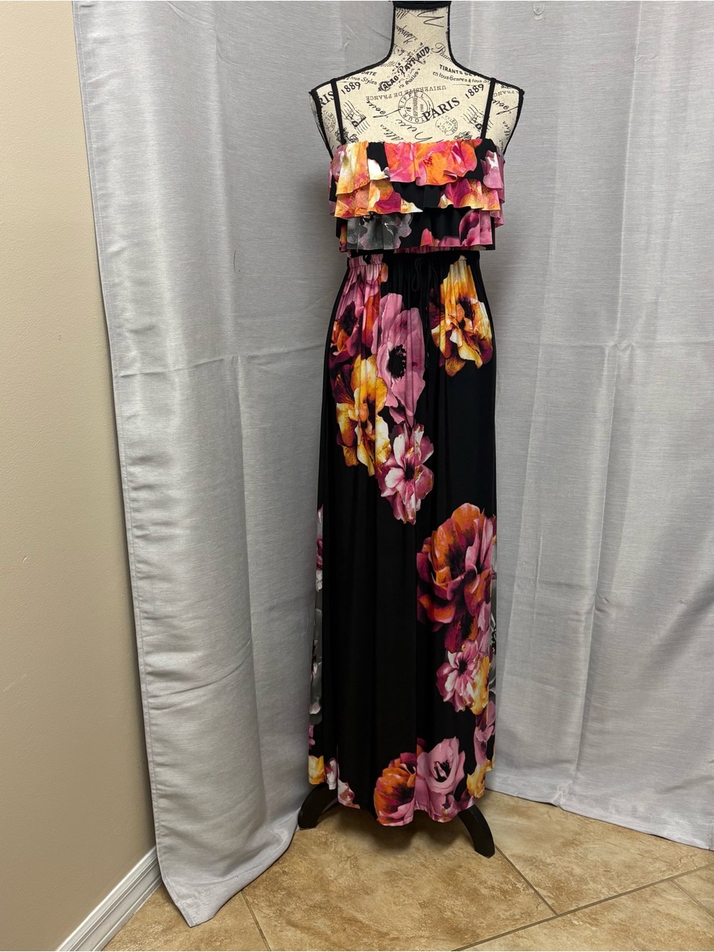 Style & Co removable strap maxi dress black floral Sz M